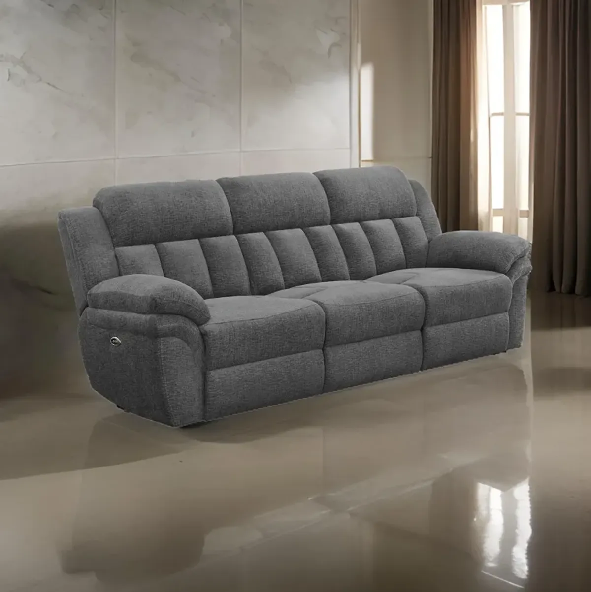 Diko. Dual Power Recliner Sofa, Cushioned Tufted Seats, Gray Finish - Benzara