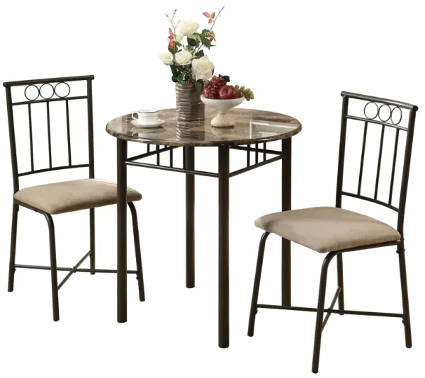 Monarch Specialties I 3045 Dining Table Set, 3pcs Set, Small, 30" Round, Kitchen, Metal, Laminate, Brown Marble Look, Transitional