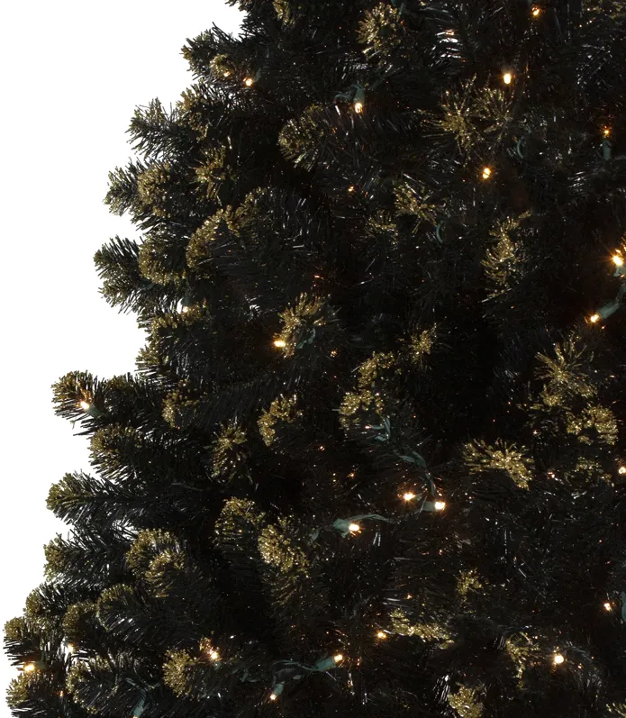 Pre-Lit LED Black Crystal Pine with Gold Glitter Artificial Christmas Tree - 7.5 ft Clear Lights