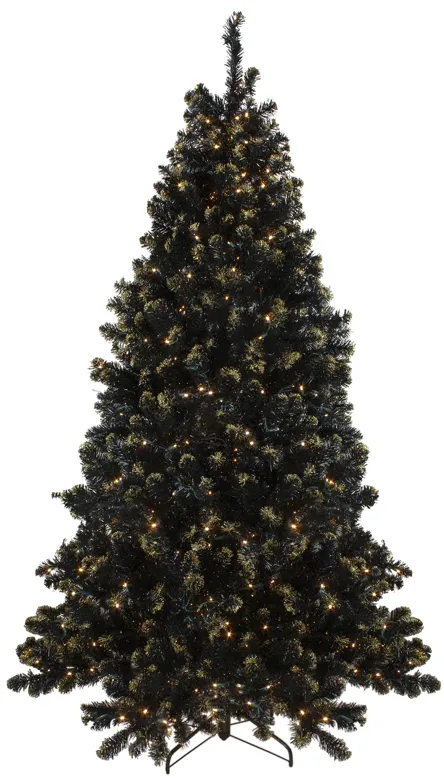 Pre-Lit LED Black Crystal Pine with Gold Glitter Artificial Christmas Tree - 7.5 ft Clear Lights