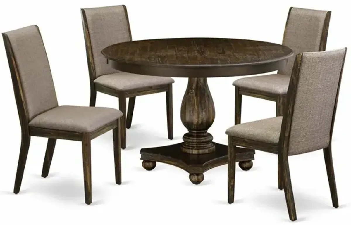 East West Furniture 5 Piece Dining Room Set Includes a Modern Dining Table and 4 Dark Khaki Linen Fabric Mid Century Dining Chairs with High Back - Distressed Jacobean Finish