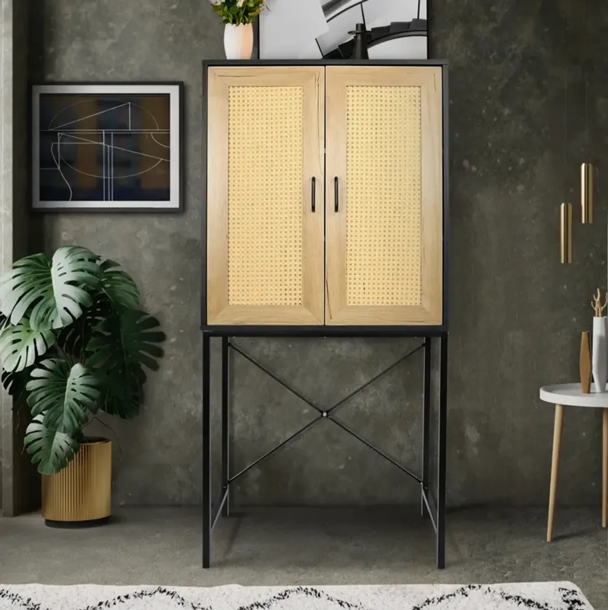 Elegant 59" High Cabinet with Rattan Doors & 3-Tier Shelving