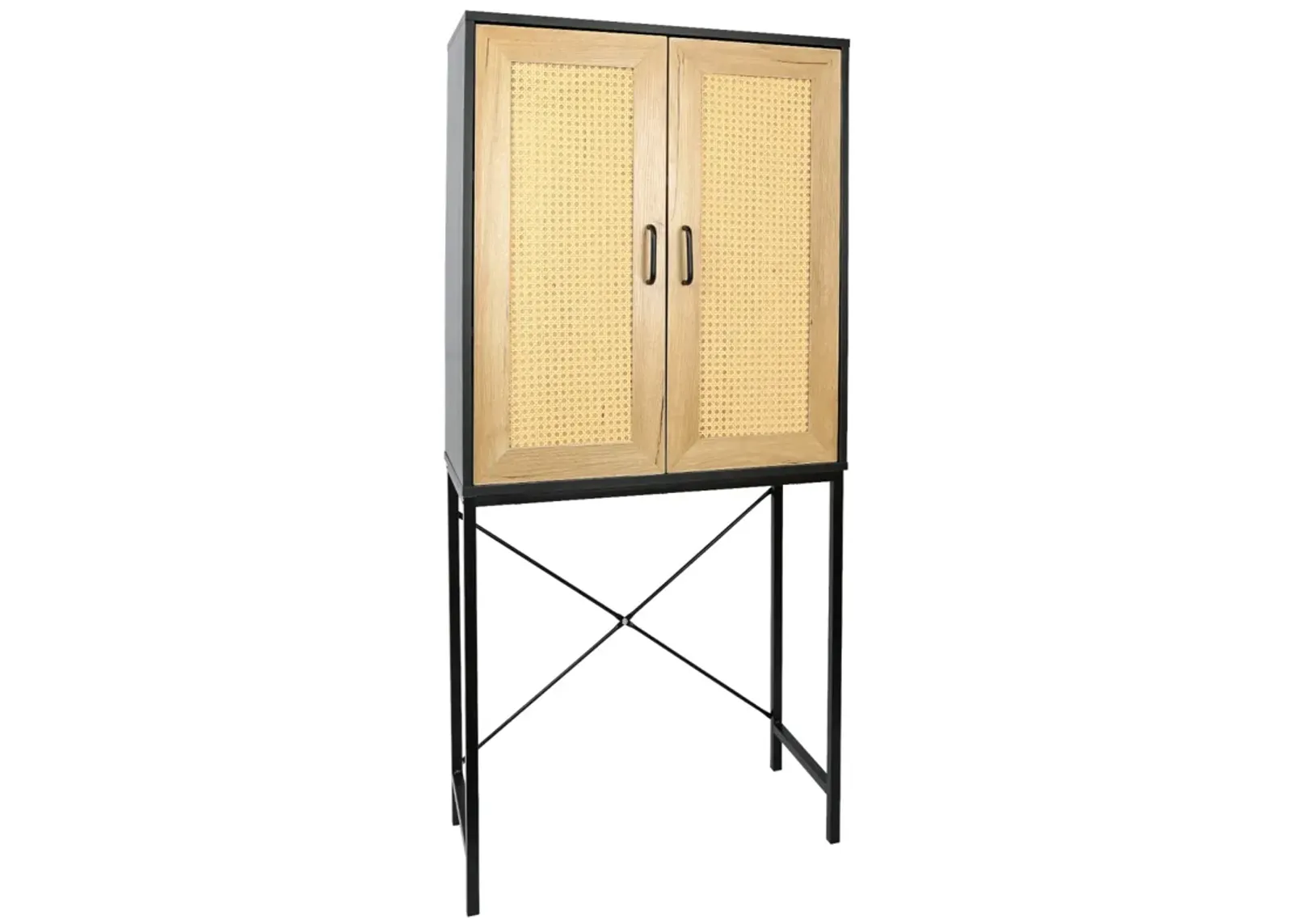 Elegant 59" High Cabinet with Rattan Doors & 3-Tier Shelving