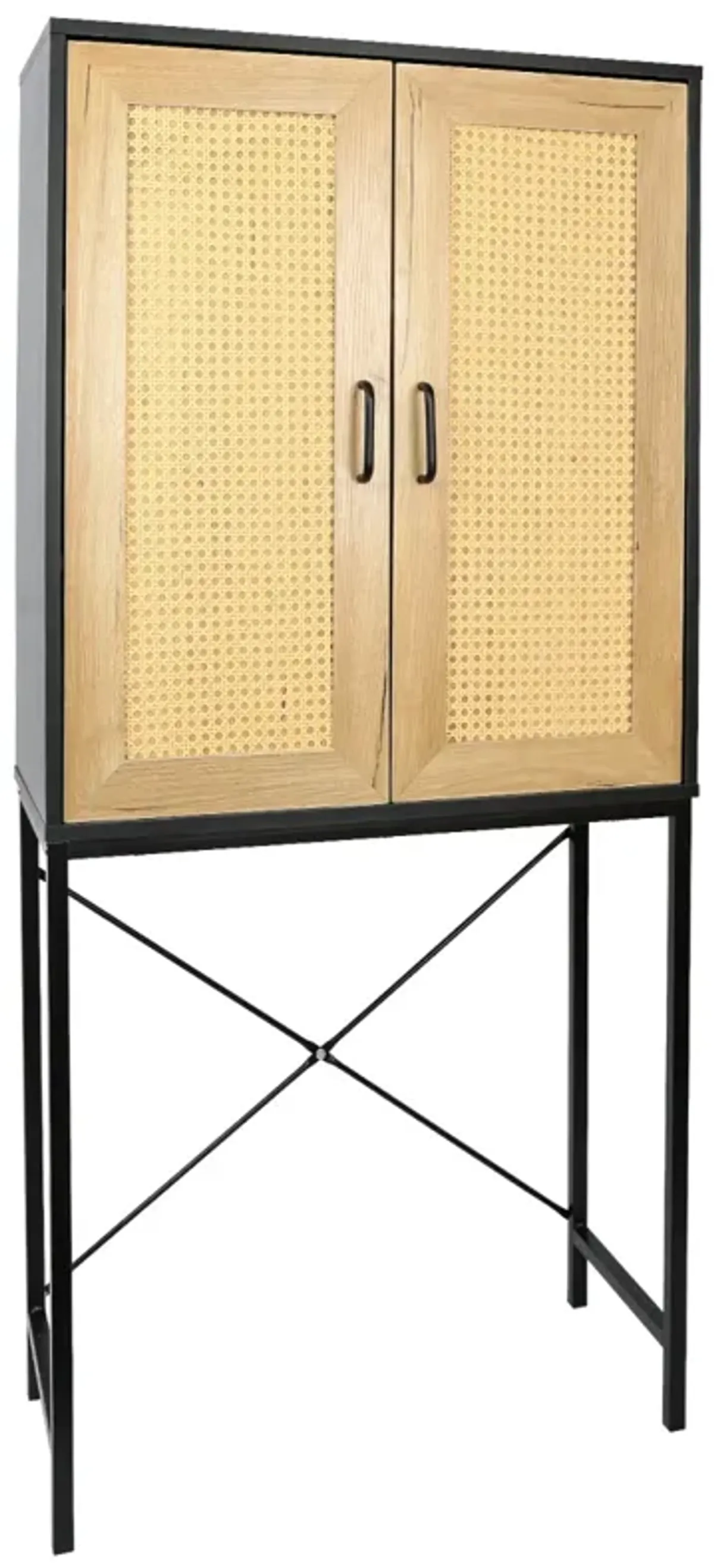 Elegant 59" High Cabinet with Rattan Doors & 3-Tier Shelving