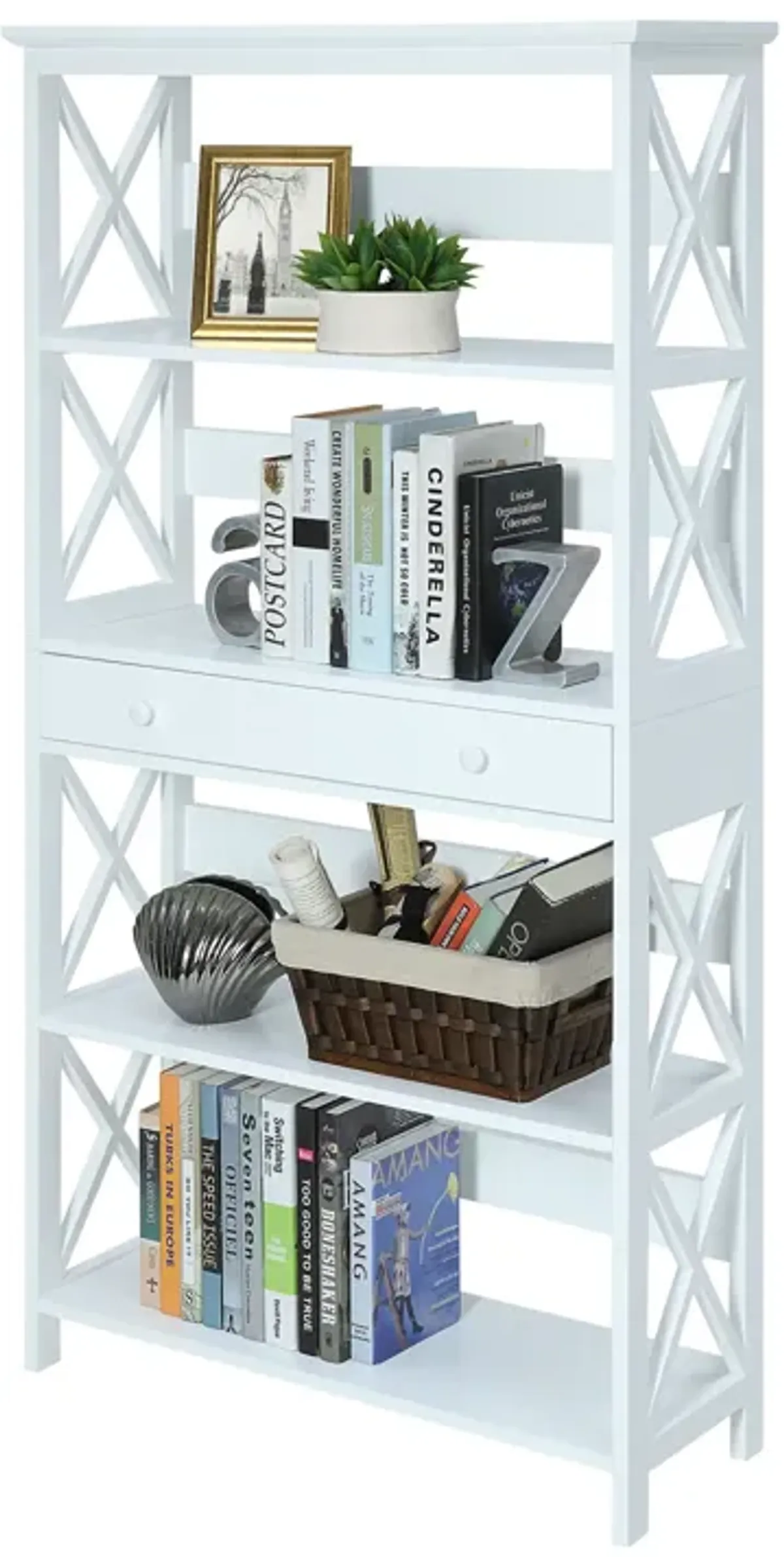 Convenience Concepts Oxford 5 Tier Bookcase with Drawer, White,11.75"D x 31.5"W x 59.75"H