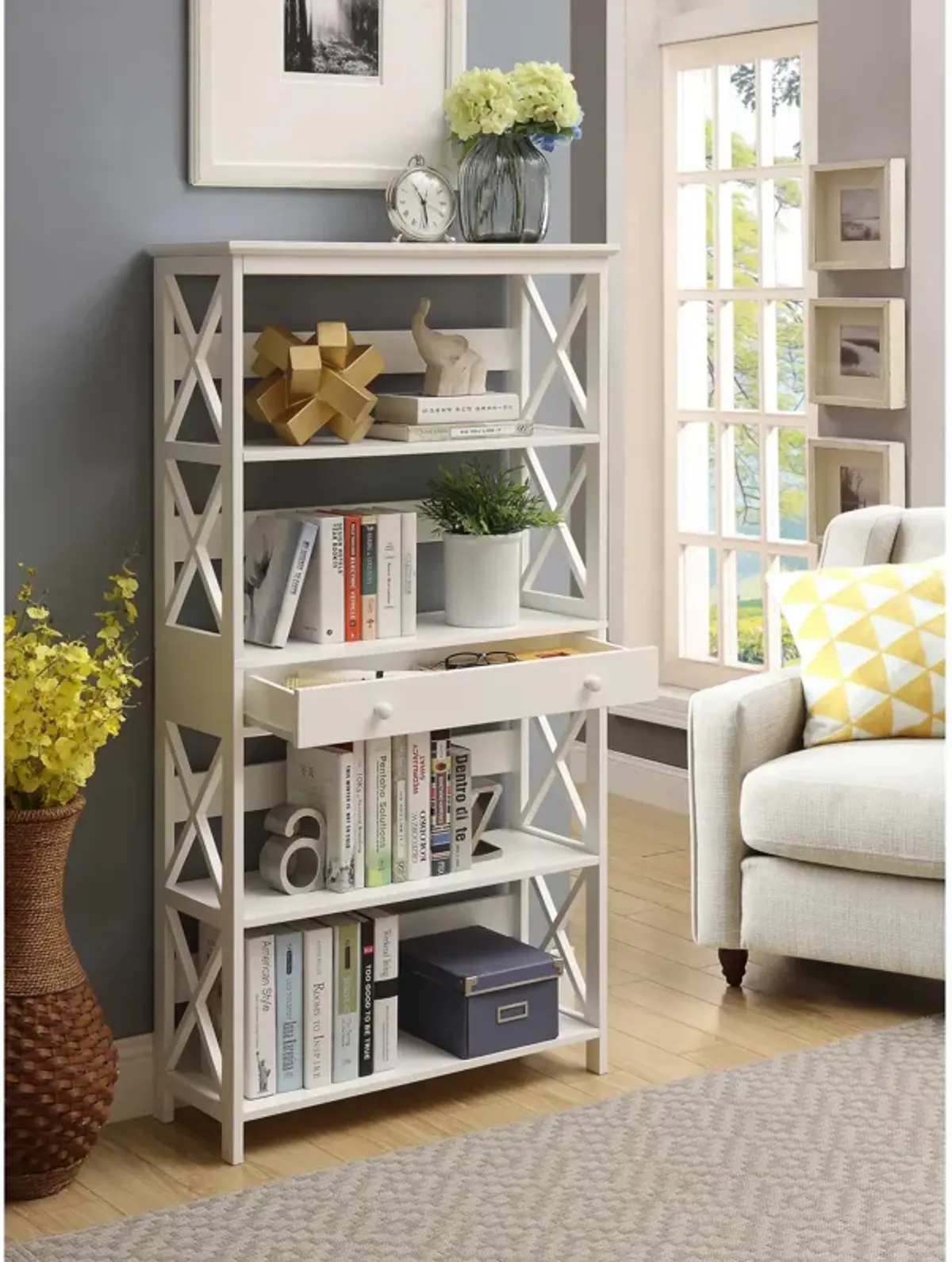 Convenience Concepts Oxford 5 Tier Bookcase with Drawer, White,11.75"D x 31.5"W x 59.75"H