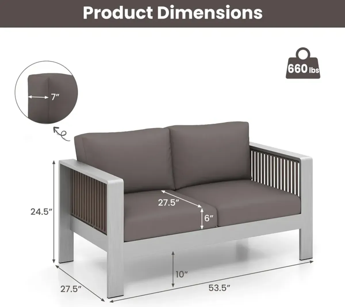 Patio Aluminum Loveseat Sofa Outdoor Furniture Set with Thick Back and Seat Cushions