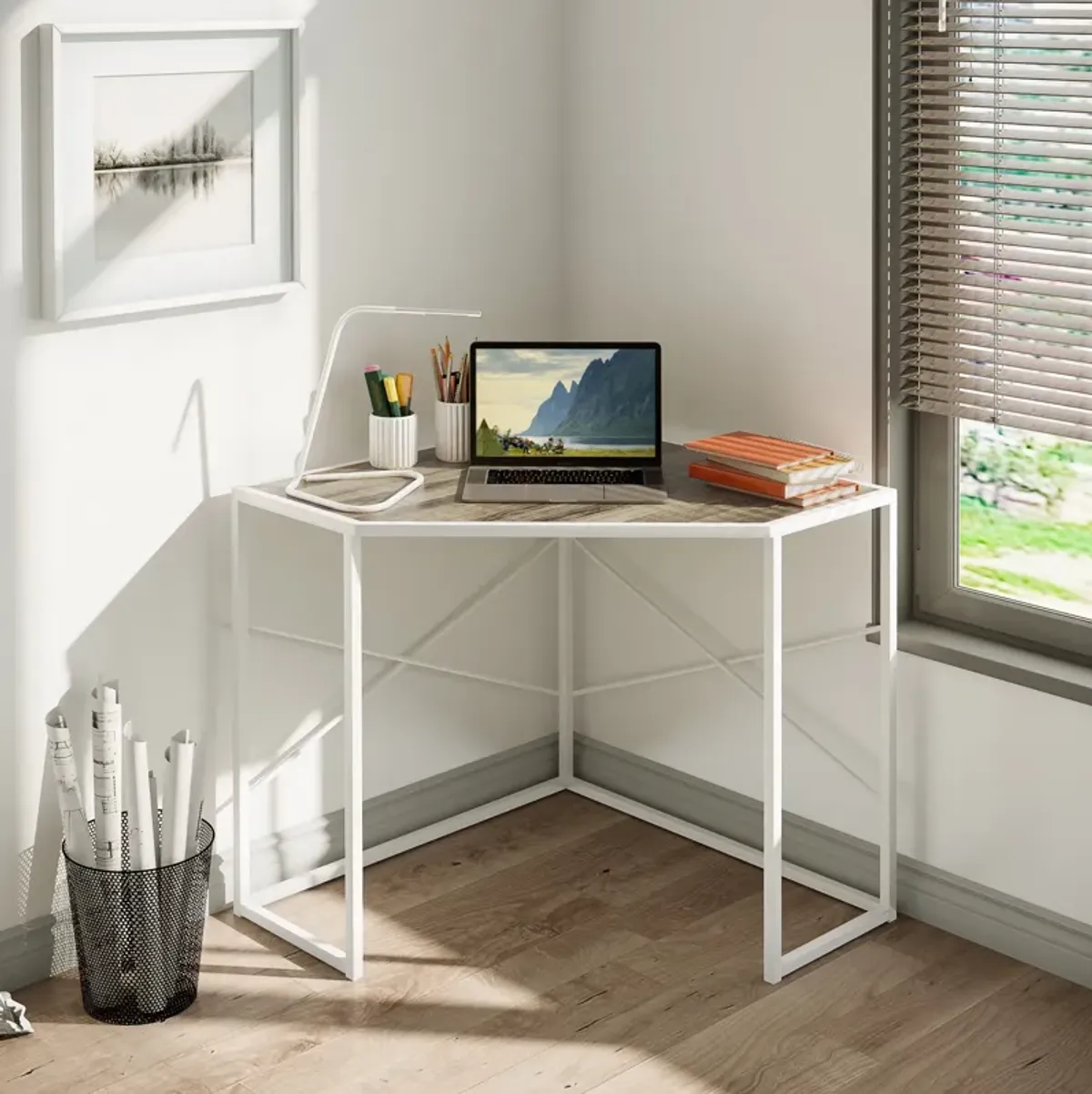 White Corner Workstation: Computer Desk with Steel Frame