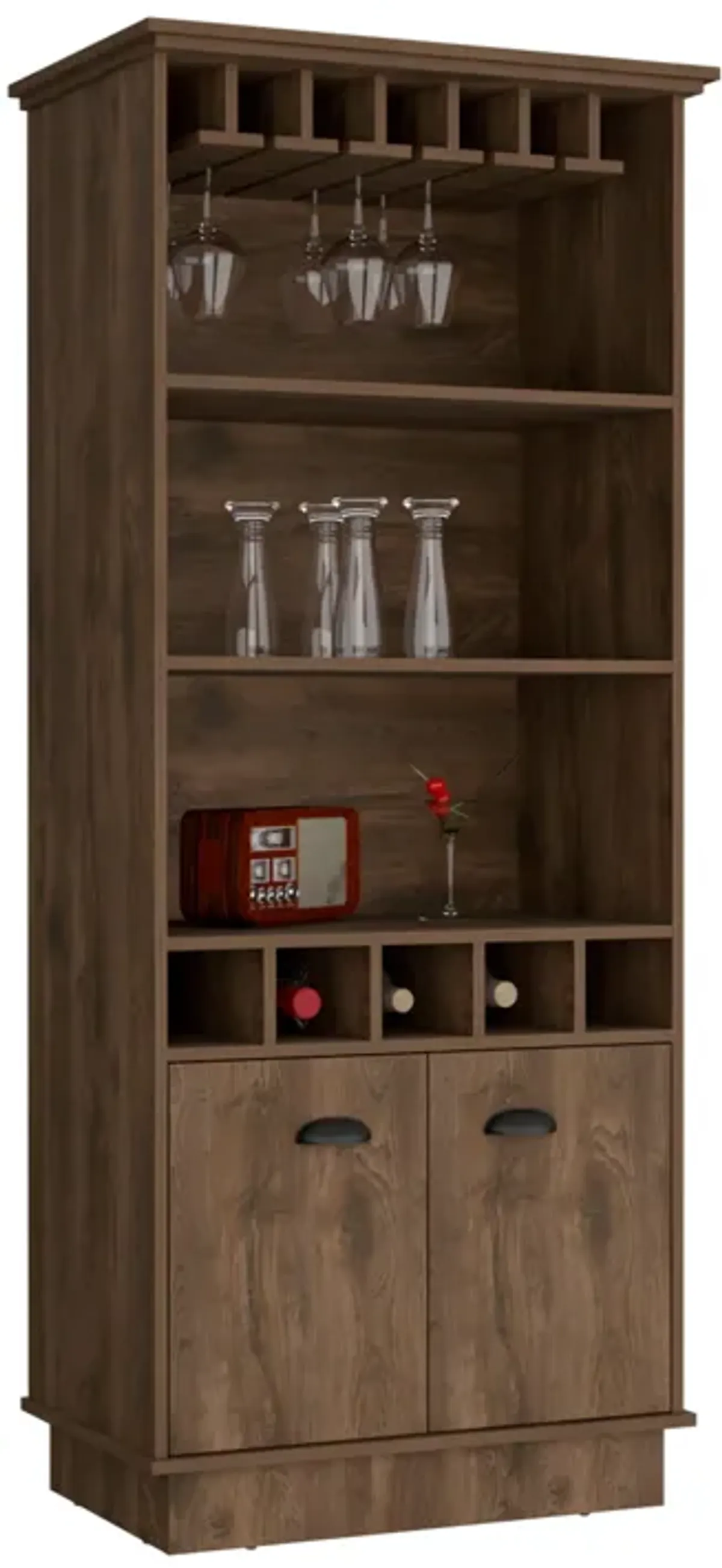 DEPOT E-SHOP Elon Bar Cabinet with Wine Rack  70"H, Upper Glass Cabinet, three Open Storage Shelves and One Cabinet,Dark Brown