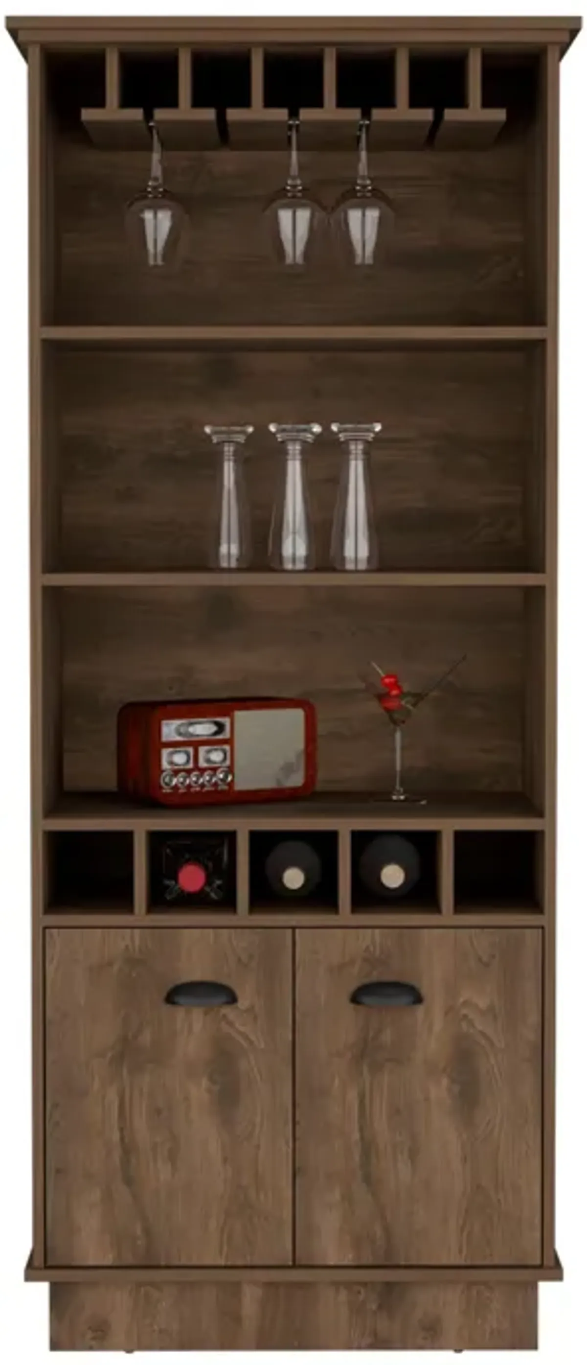 DEPOT E-SHOP Elon Bar Cabinet with Wine Rack  70"H, Upper Glass Cabinet, three Open Storage Shelves and One Cabinet,Dark Brown