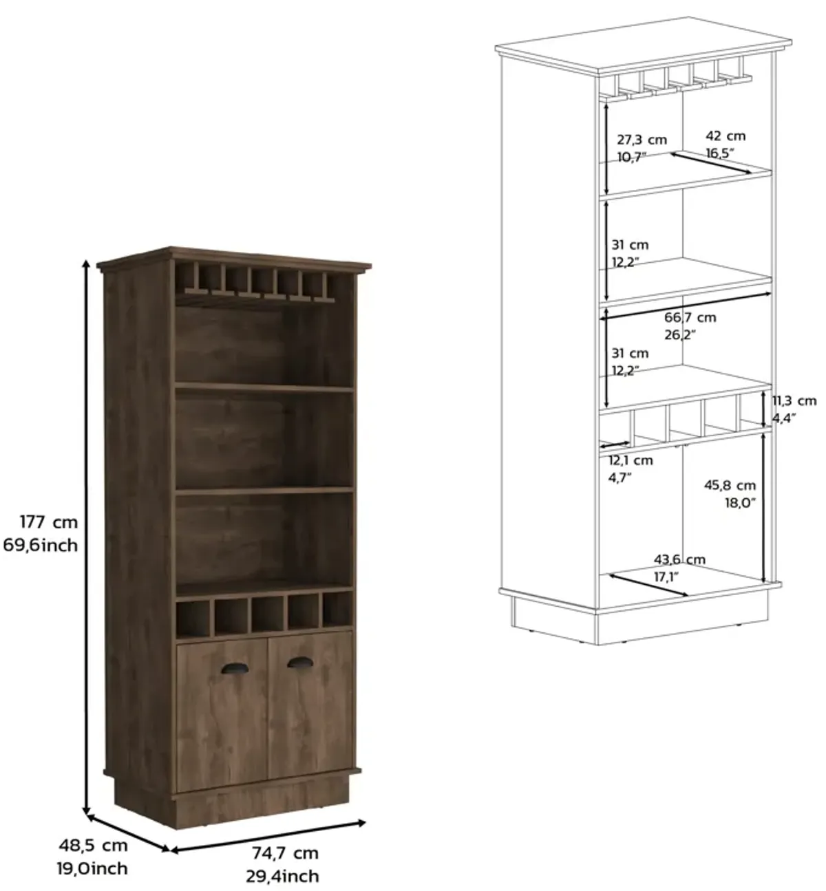 DEPOT E-SHOP Elon Bar Cabinet with Wine Rack  70"H, Upper Glass Cabinet, three Open Storage Shelves and One Cabinet,Dark Brown