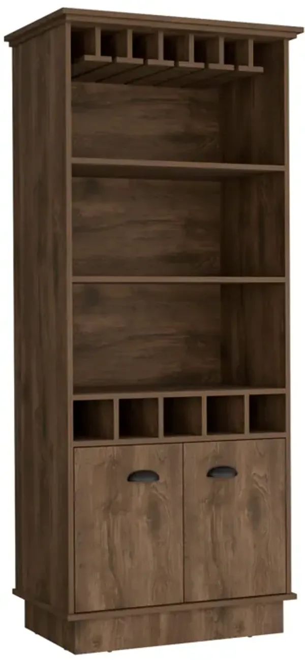 DEPOT E-SHOP Elon Bar Cabinet with Wine Rack  70"H, Upper Glass Cabinet, three Open Storage Shelves and One Cabinet,Dark Brown
