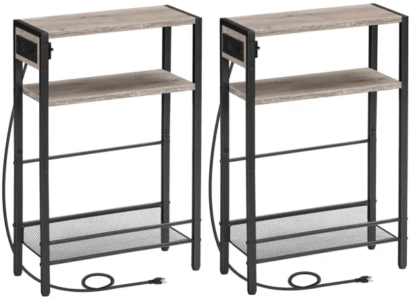 HOOBRO Small Narrow Side Table with Charging Station Set of 2, Skinny End Table for Small Spaces, Slim Nightstand with USB Ports