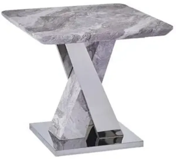 White Faux Marble End Table w/Stainless Steel X-Base