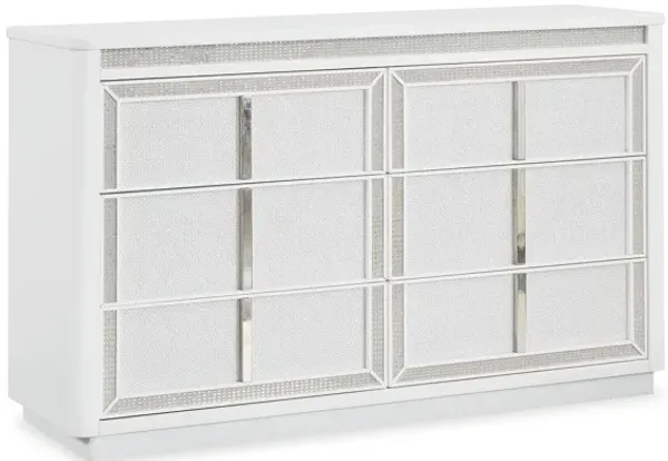 Canaal Wide Dresser, 6 Drawer, White Solid Wood, 64 Inch, LED Light - Benzara