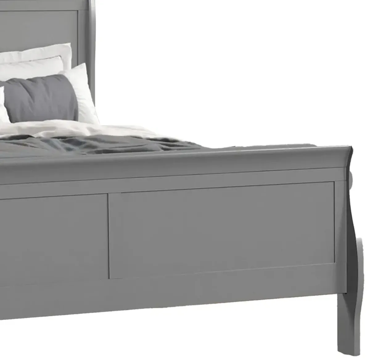 Ryla Queen Size Bed, Sleigh Panel Headboard, Classic Light Gray Solid Wood