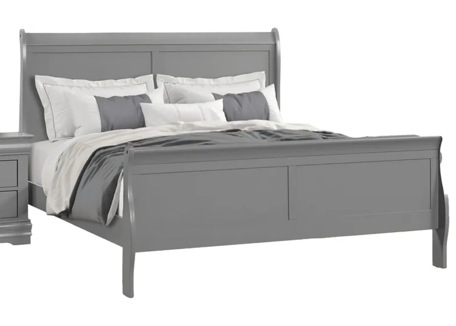 Ryla Queen Size Bed, Sleigh Panel Headboard, Classic Light Gray Solid Wood