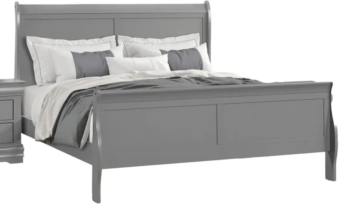 Ryla Queen Size Bed, Sleigh Panel Headboard, Classic Light Gray Solid Wood