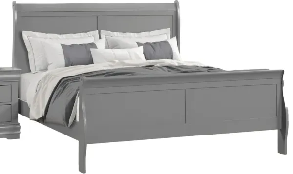 Ryla Queen Size Bed, Sleigh Panel Headboard, Classic Light Gray Solid Wood - Benzara