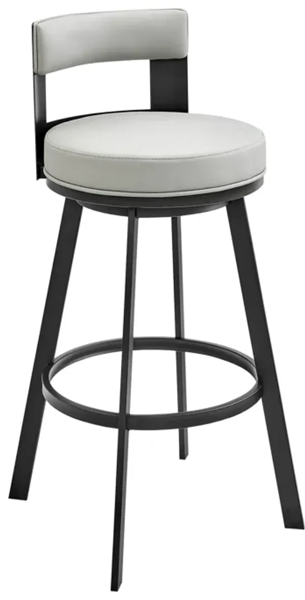 Ami 26 Inch Swivel Counter Stool Chair, Gray Faux Leather, Black Metal - Benzara