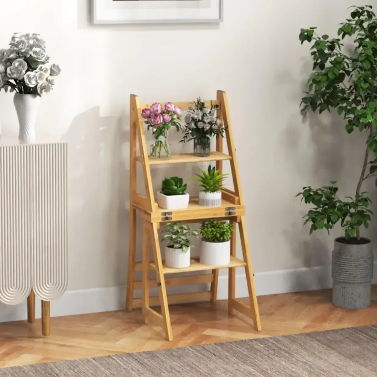 Hivvago Multifunctional 3-in-1 Ladder Chair Display Plant Stand for Library Kitchen Office