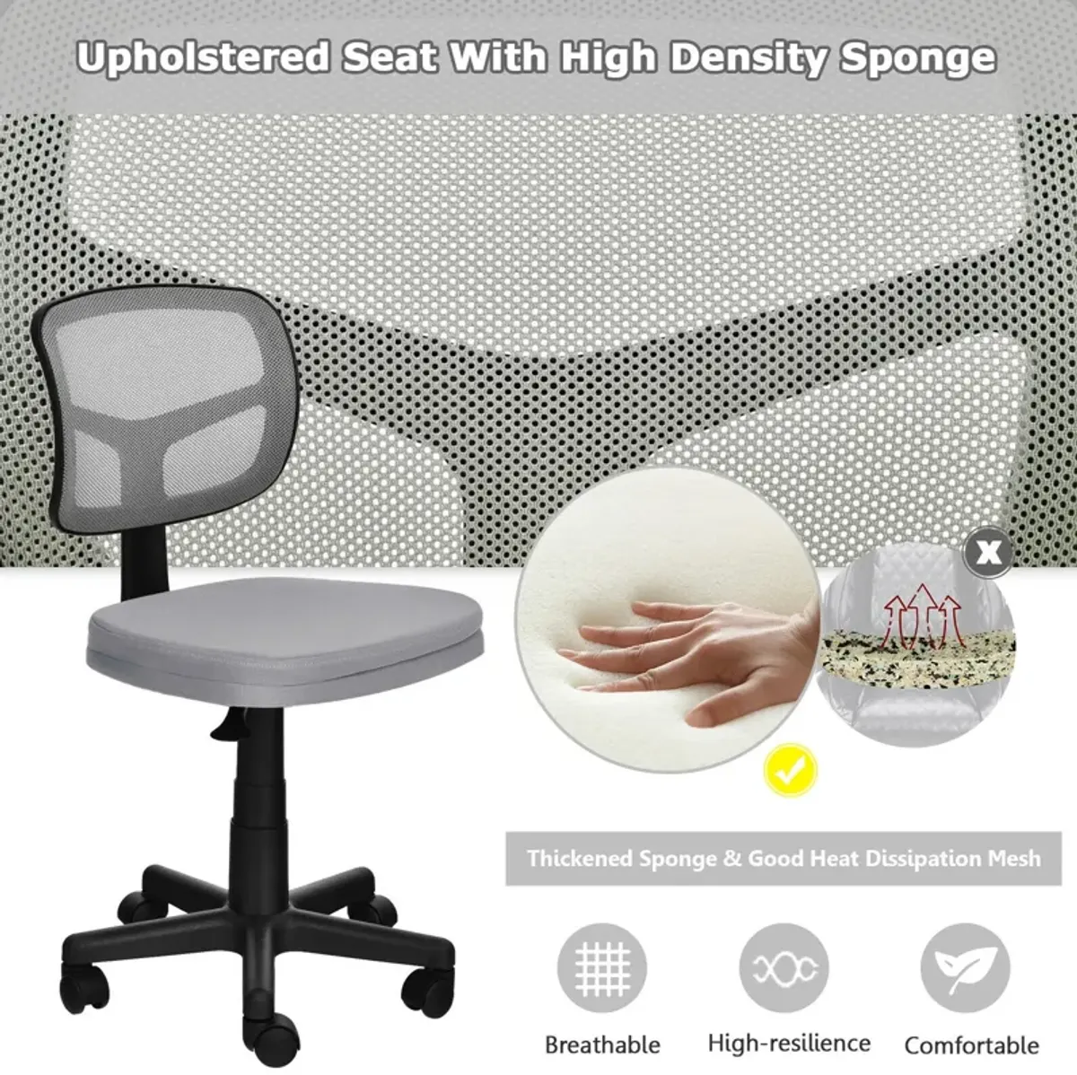 Armless Computer Chair with Height Adjustment and Breathable Mesh for Home Office