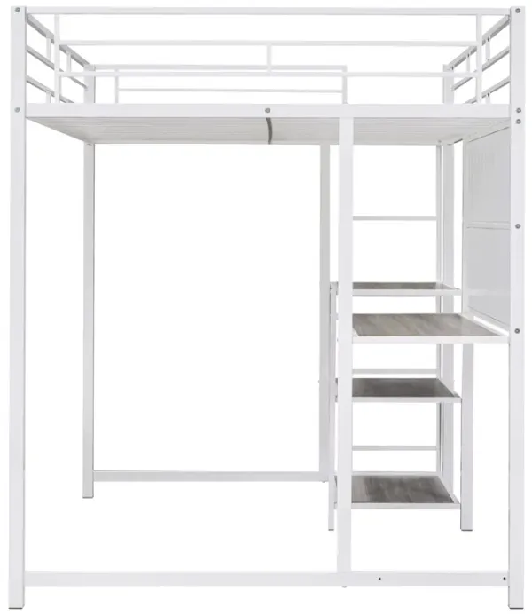 Loft Bed with Desk, Whiteboard, 3 Shelves, and Metal Ladder for Space-Saving Storage