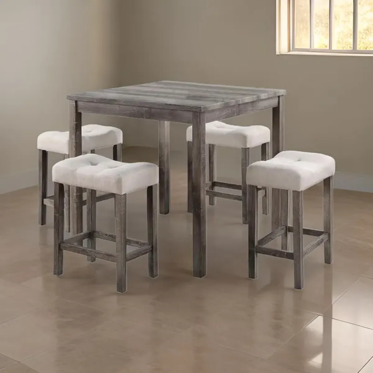 5 Piece Counter Height Table Set with 4 Stools, Beige Fabric, Gray Wood - Benzara