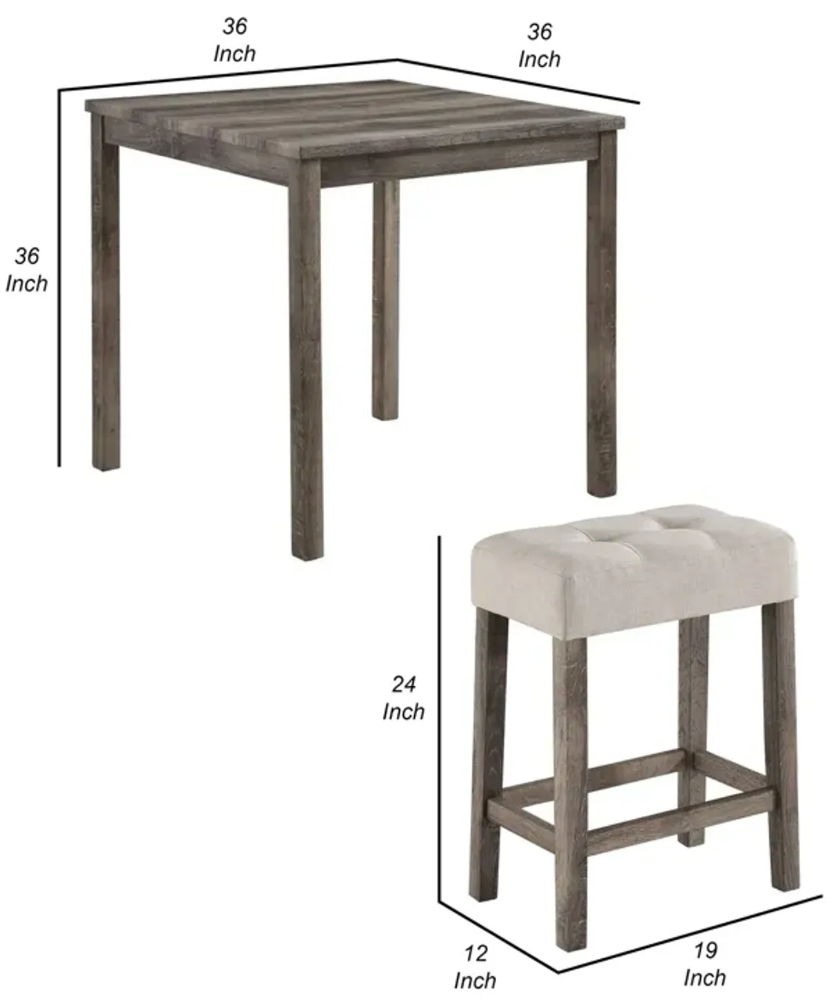 5 Piece Counter Height Table Set with 4 Stools, Beige Fabric, Gray Wood - Benzara