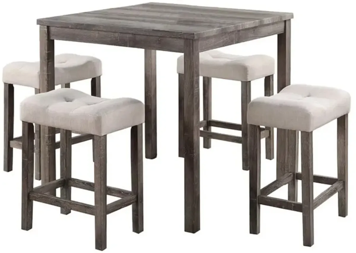 5 Piece Counter Height Table Set with 4 Stools, Beige Fabric, Gray Wood - Benzara