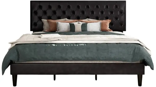 Faux Leather Upholstered Platform Bed with Button-Tufted Headboard For Bedroom