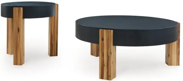 Moy 2pc Coffee and End Table Set, Round Black Textured Top, Solid Wood - Benzara