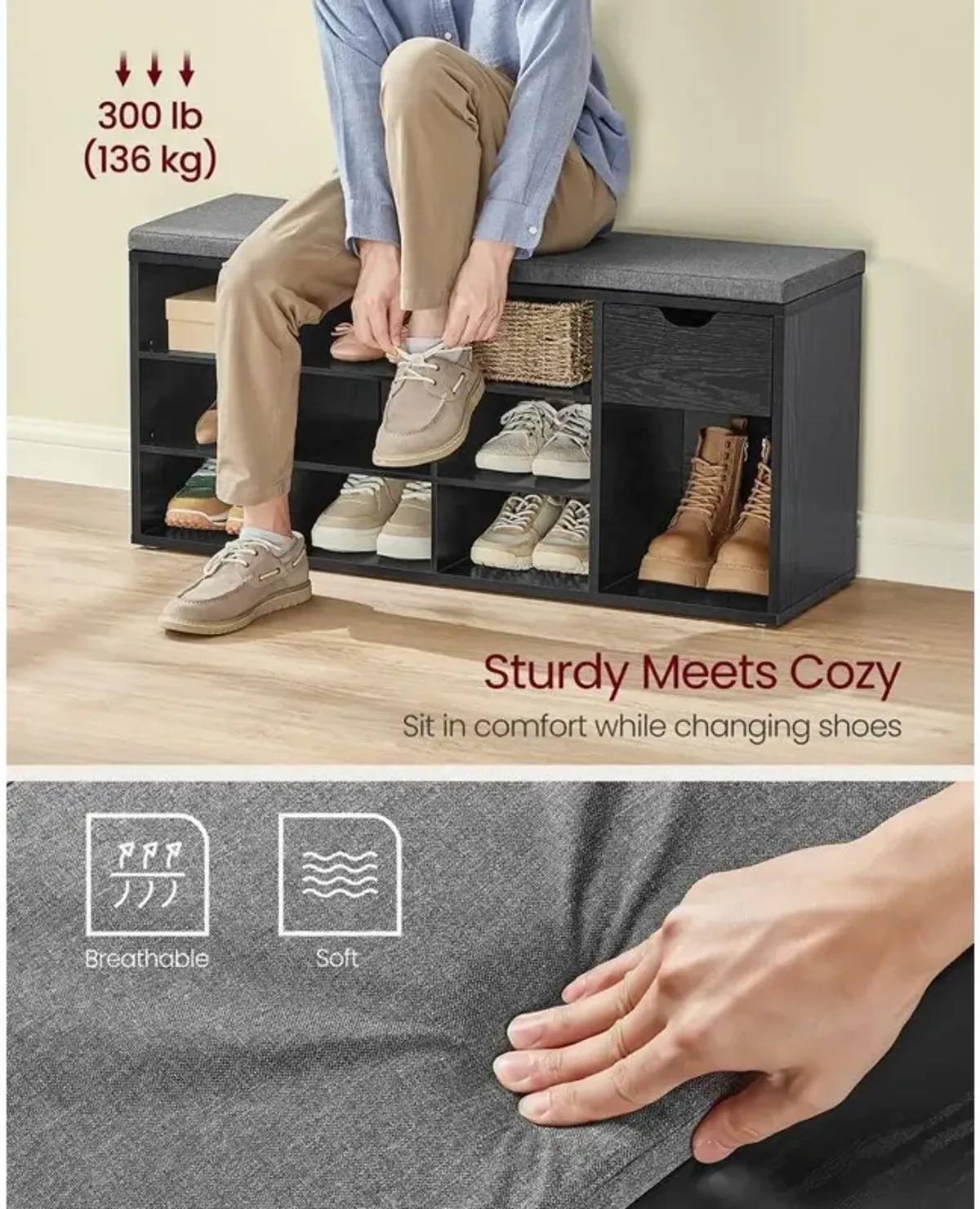 Storage Bench with Cushion for Entryway Organization and Comfortable Seating