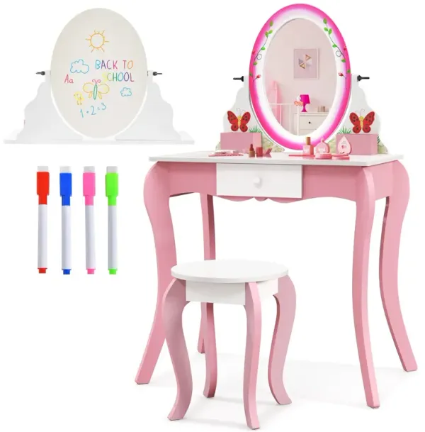 Kids Vanity Table and Stool Set with 360° Rotating Mirror and Whiteboard-Pink