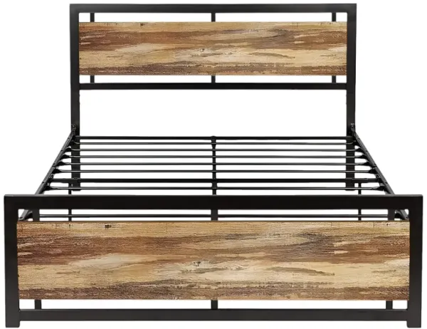 Industrial Platform Bed Frame with Wood Panel Headboard Footboard
