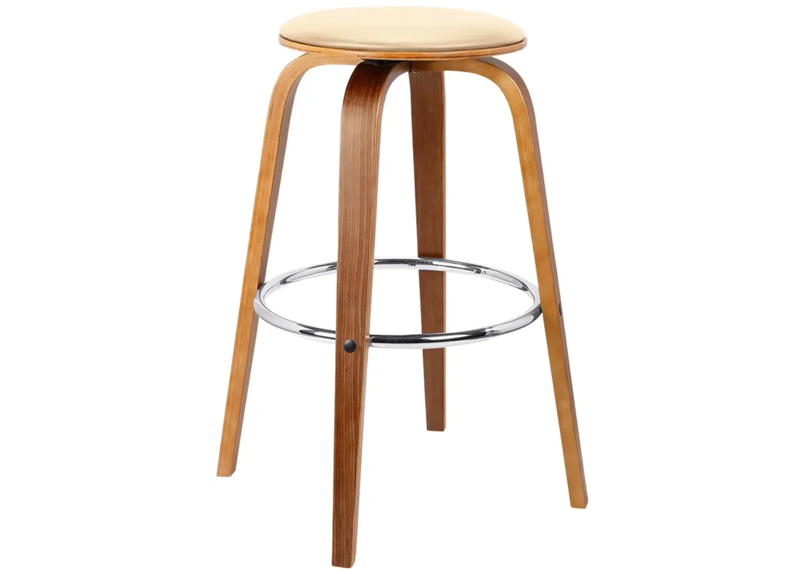 Harbor Bar Height Backless Swivel Brown Faux Leather and Walnut Wood Mid-Century Modern Bar Stool