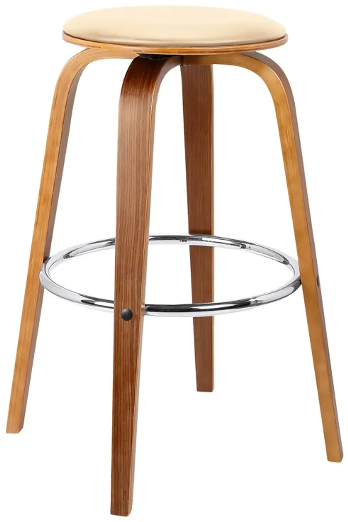 Harbor Bar Height Backless Swivel Brown Faux Leather and Walnut Wood Mid-Century Modern Bar Stool