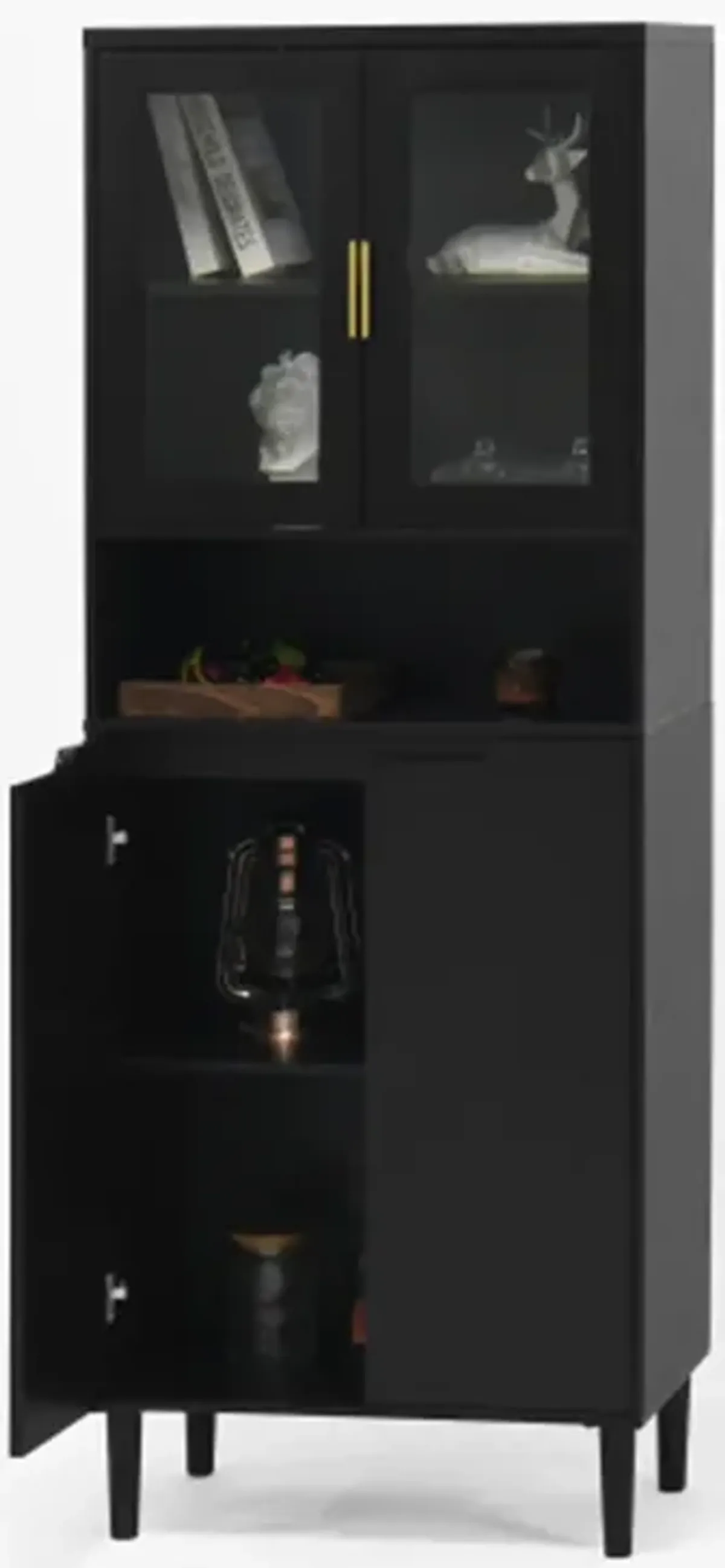 Tall Storage Bookcase with 2 Glass Display Door & 2 Doors, Tall Kitchen Pantry Cabinet with Gold Handles, Modern Cabinet Freestanding Living Room