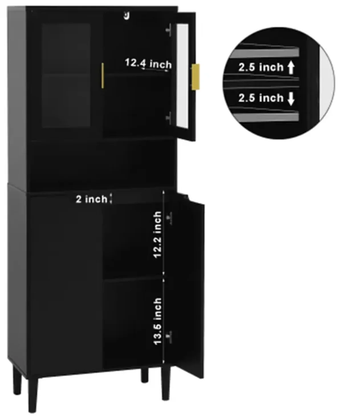 Tall Storage Bookcase with 2 Glass Display Door & 2 Doors, Tall Kitchen Pantry Cabinet with Gold Handles, Modern Cabinet Freestanding Living Room