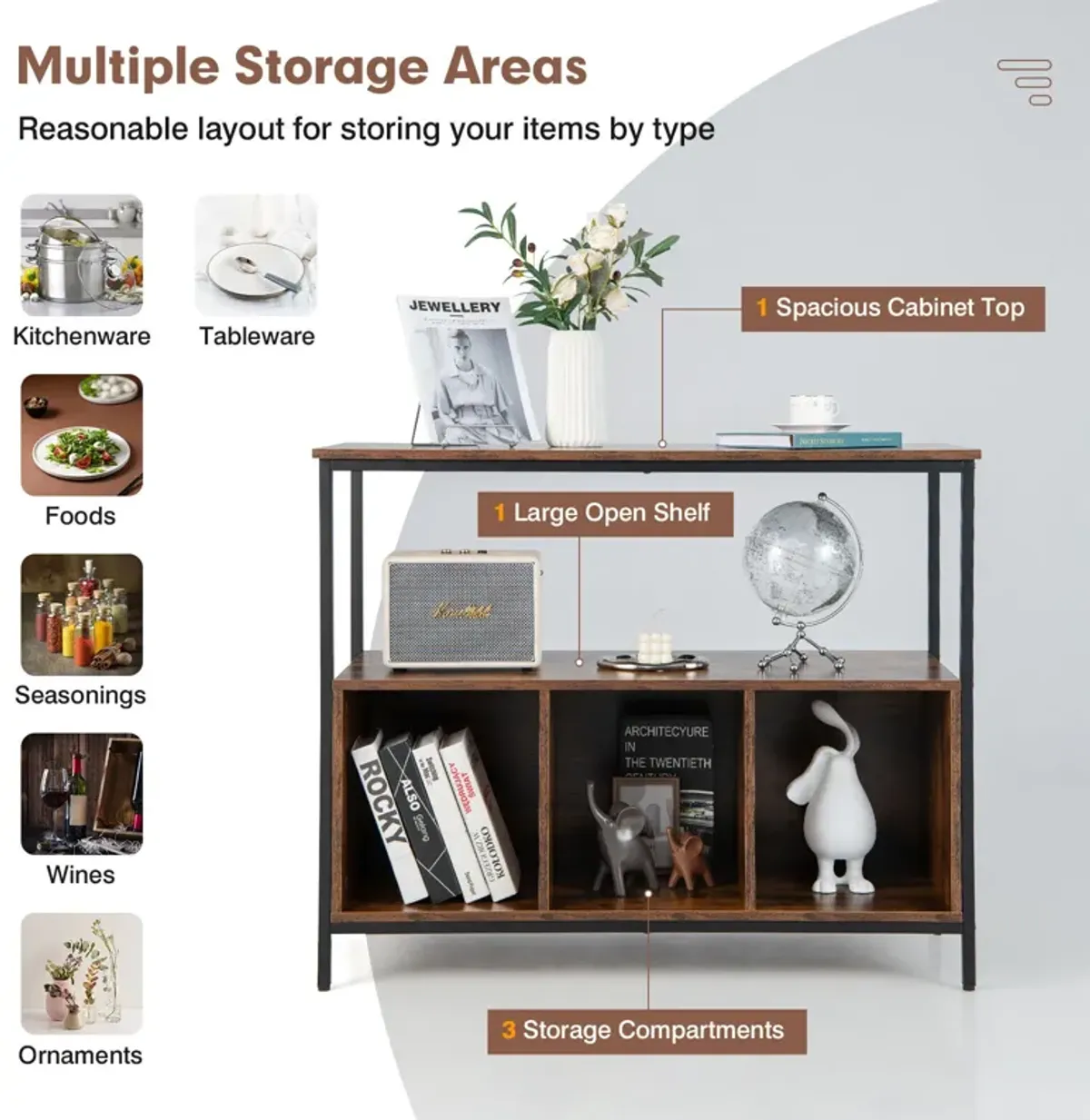 Modern Kitchen Buffet Sideboard with 3 Compartments