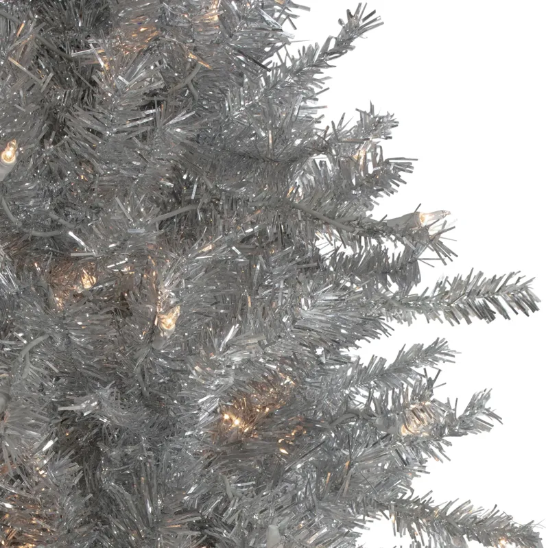 6.5' Pre-Lit Silver Tinsel Pine Slim Artificial Christmas Tree - Clear Lights