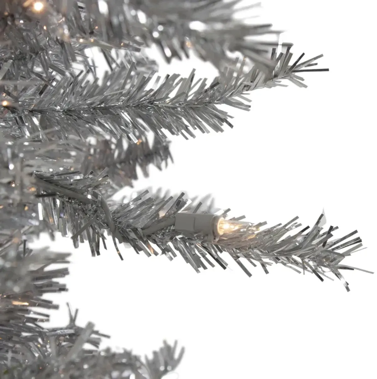 6.5' Pre-Lit Silver Tinsel Pine Slim Artificial Christmas Tree - Clear Lights