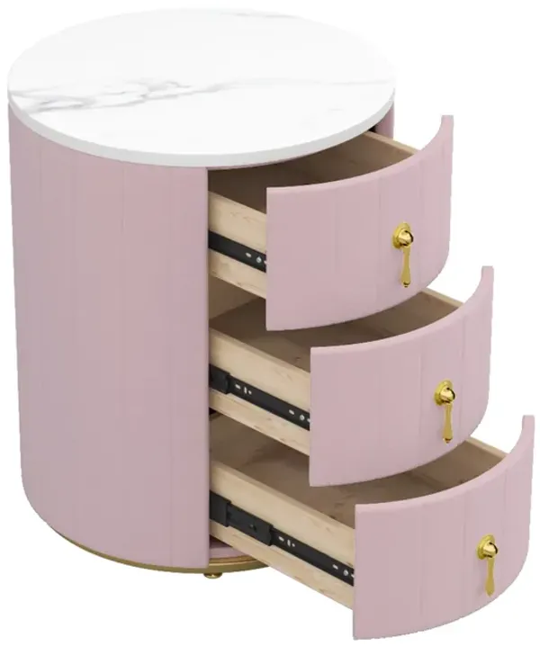 Merax Upholstered Nightstand with 3 Drawers - Round Bedside Table with Metal Handles & Marble Top, Fully Assembled (Handles Excluded) for Bedroom