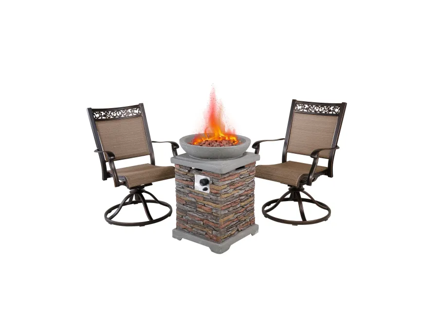 MONDAWE 3-Piece Cast Aluminum Outdoor Conversation Seating Set Beige Cushion with Patio Fire Pit for Countyard