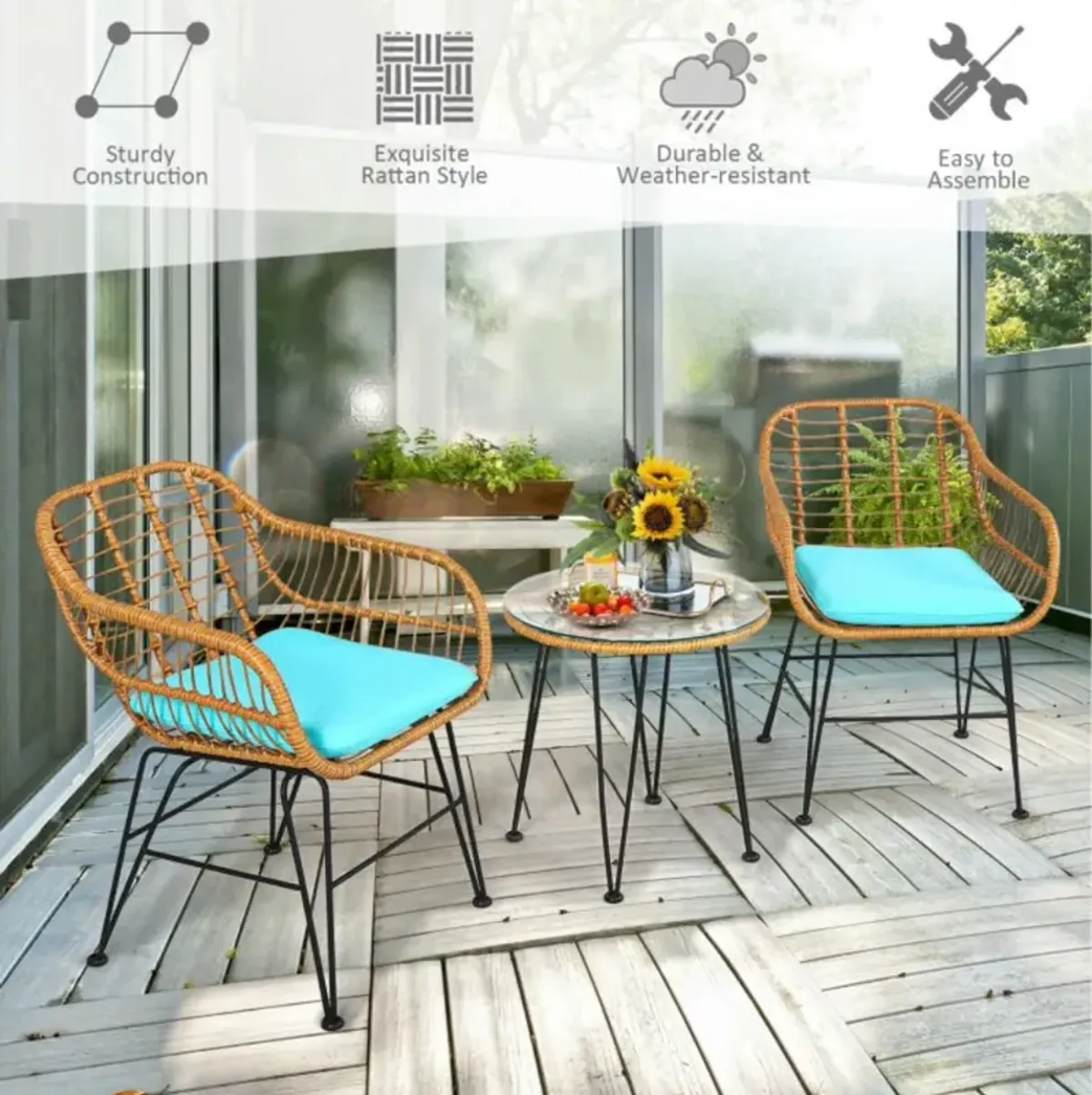 Hivvago 3 Pieces Rattan Furniture Set with Cushioned Chair Table