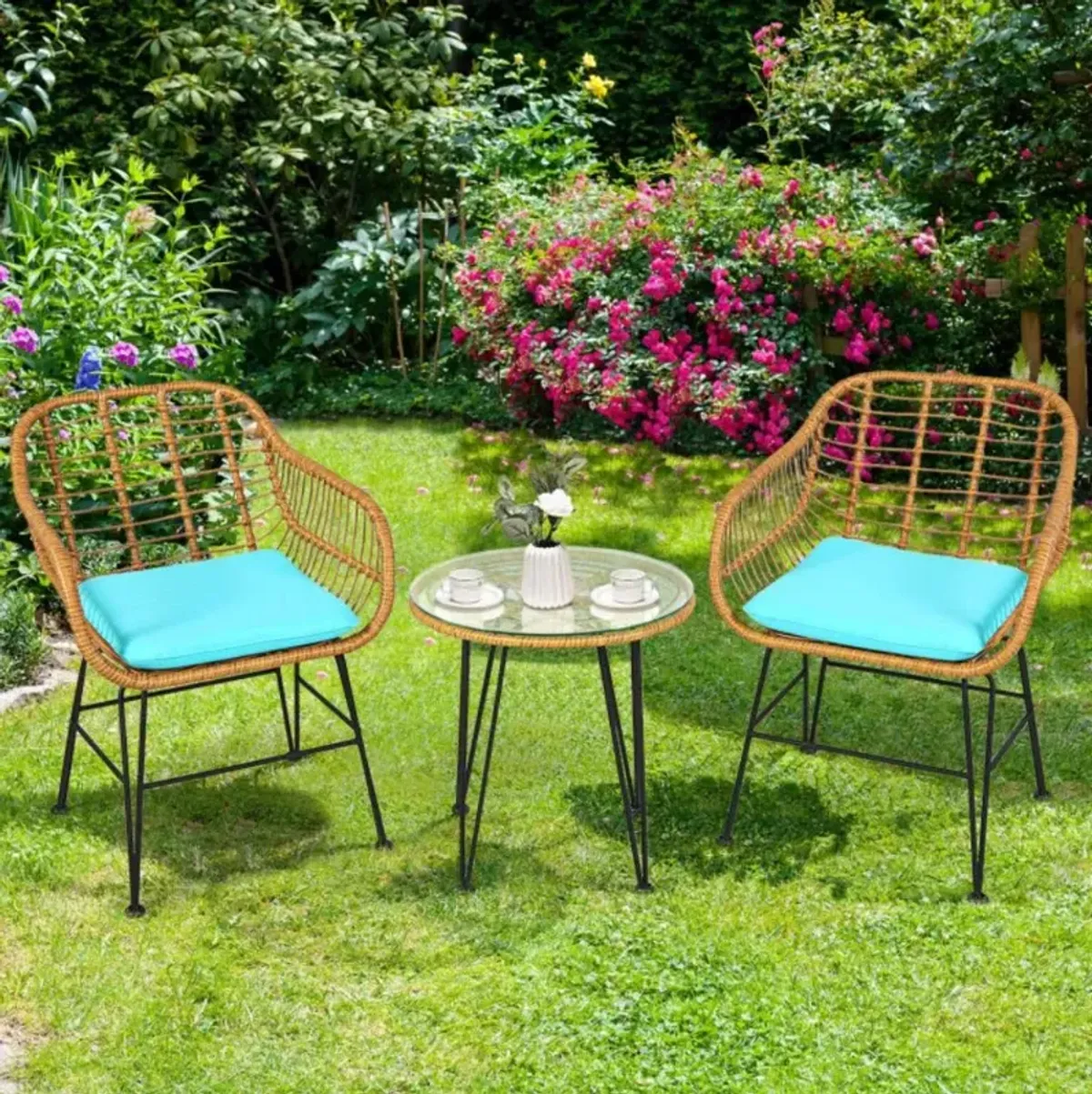 Hivvago 3 Pieces Rattan Furniture Set with Cushioned Chair Table