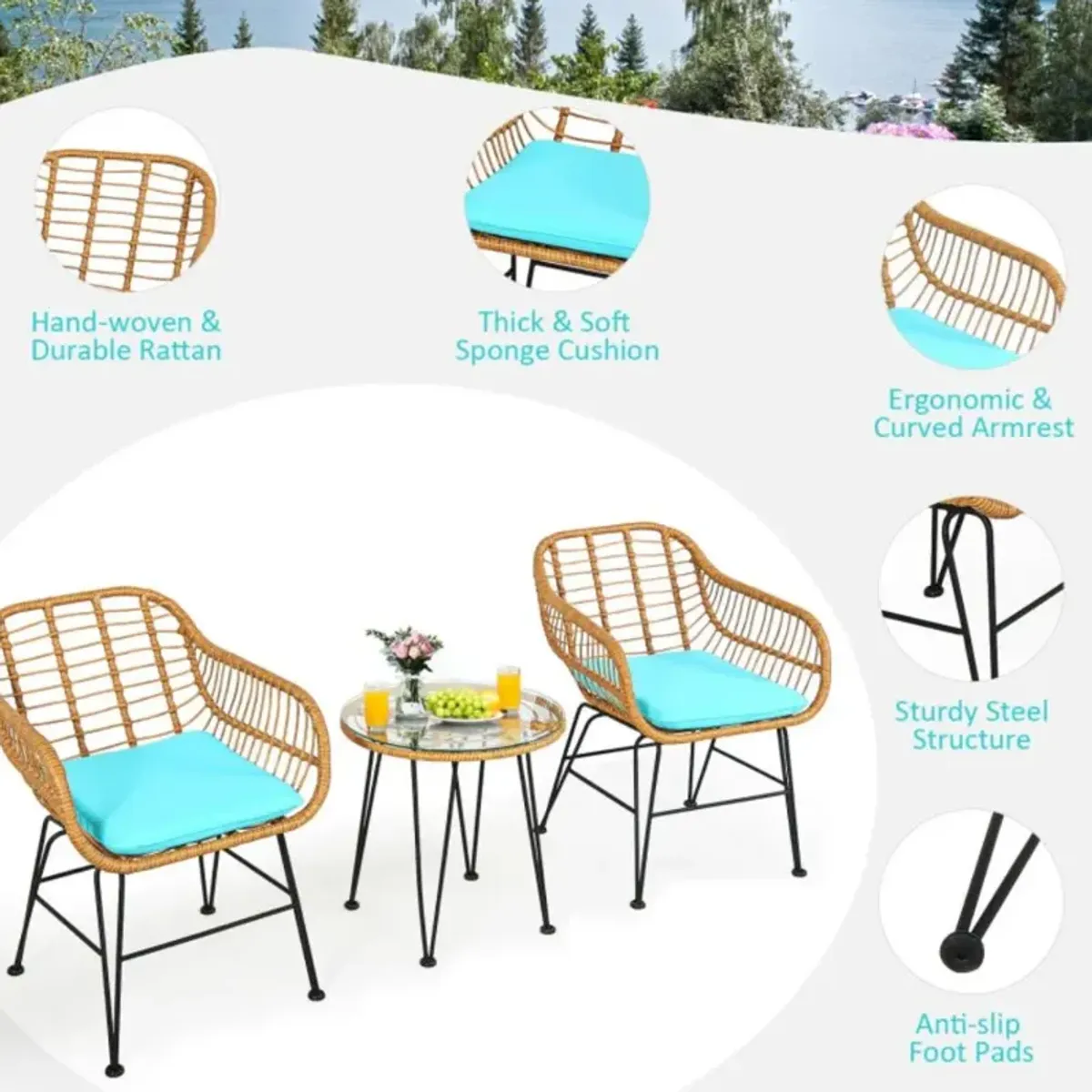 Hivvago 3 Pieces Rattan Furniture Set with Cushioned Chair Table