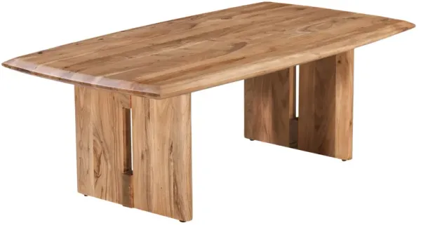 Joy Coffee Table, Cut Out Rectangular Panel Legs, Natural Brown Acacia Wood - Benzara