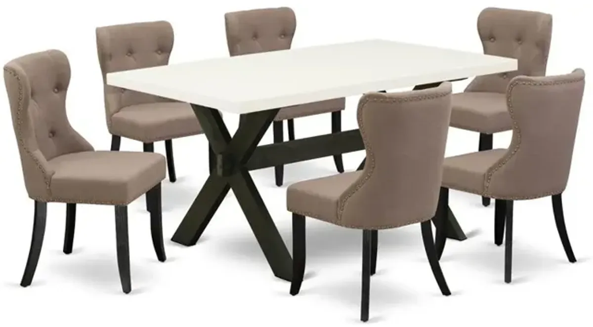 East West Furniture 7-Piece Dining Set-Coffee Linen Fabric Seat and Button Tufted Back Kitchen Chairs and Rectangular Top Dinner Table with Wood Legs - Linen White and Wirebrushed Black Finish
