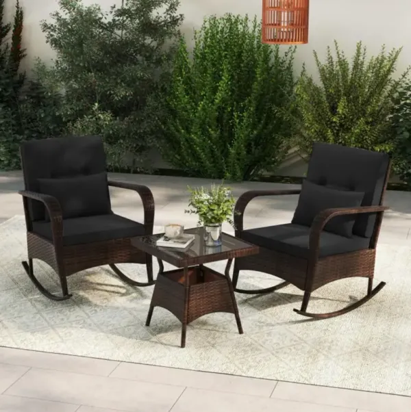 Hivvago 3 Pieces Outdoor Rocking Set with Tempered Glass Coffee Table for Backyard Poolside